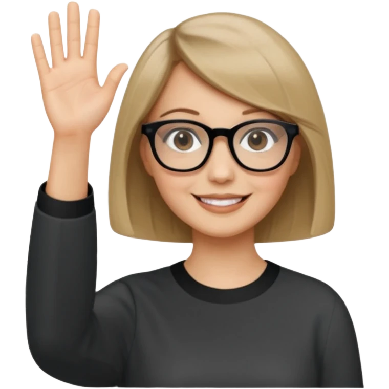 woman dark blonde petite bob haircut wears dark squarish glasses, classic clothes, smiling, waving, a tad older emoji