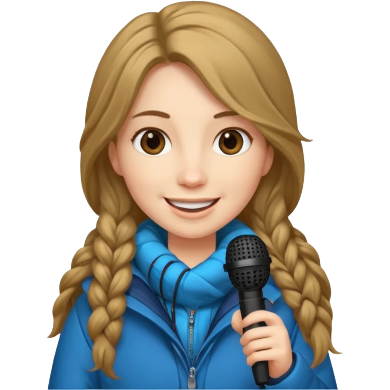 long haired woman with winter clothes holding microphone emoji