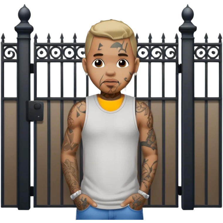 Chris brown with tattoos standing in front of a gate  emoji