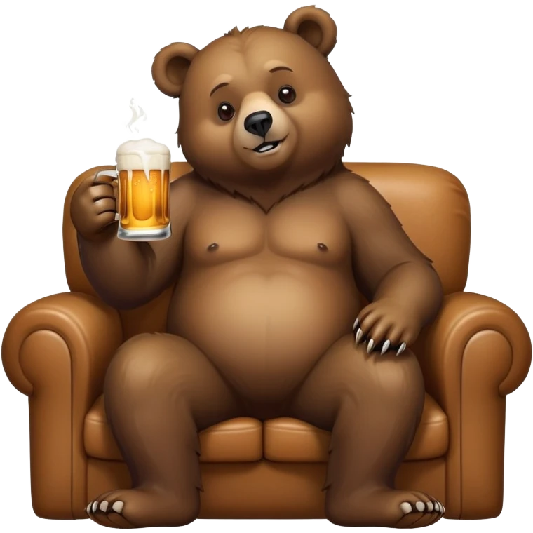 A bear is sitting on the couch and drinking beer. emoji