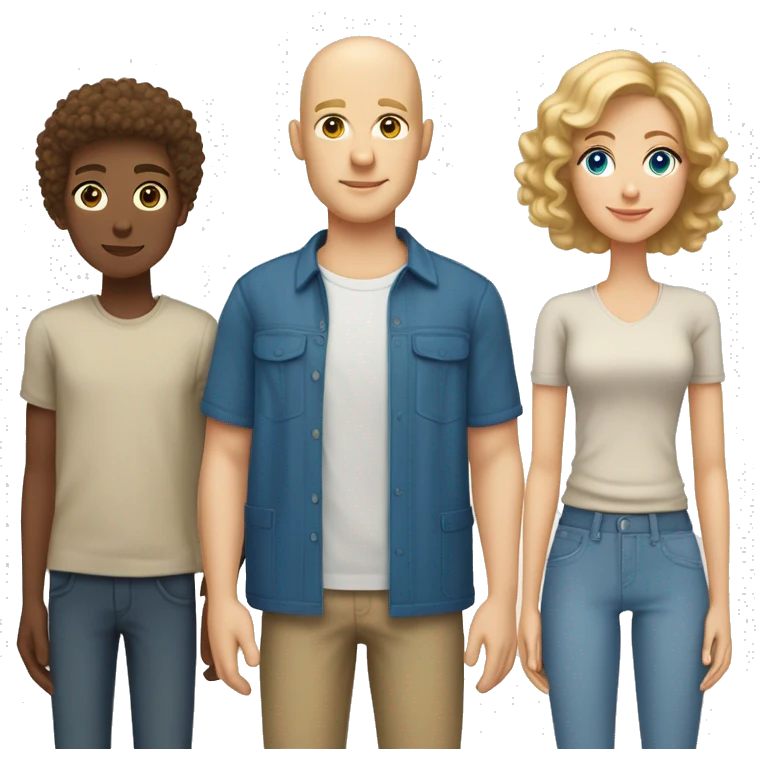 family with four people, all light skinned, dad bald, mom light brown short curly hair, son blond short short curly hair,  and daughter dark blond shoulder length hair all have blue eyes don't need bodies emoji