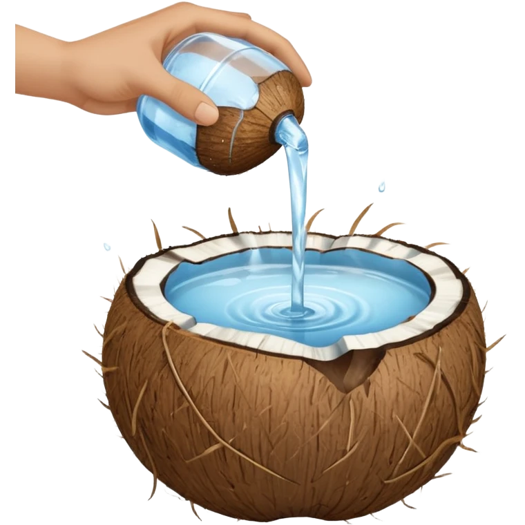 A whole coconut with water being poured over it with hands cupping water emoji