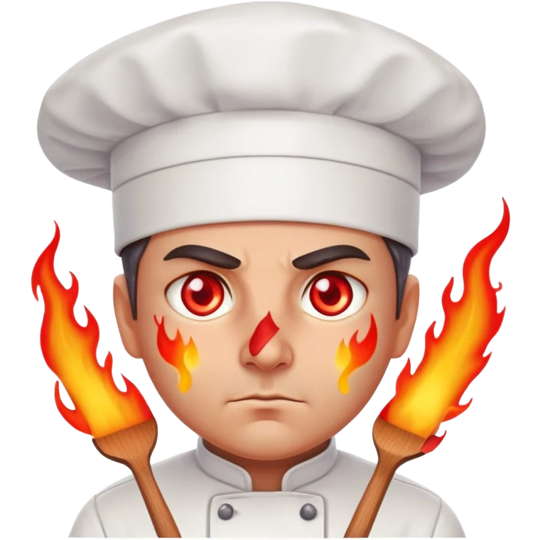 focused chef with glowing red eyes, flames bursting emoji
