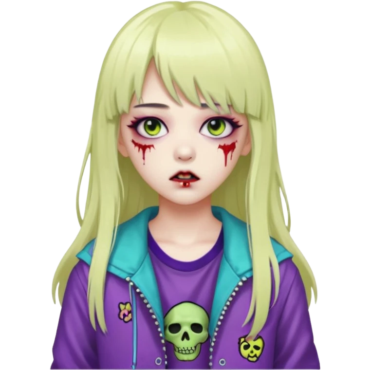  portrait-of-a-zombie-k-pop-idol,-wearing-a-stylish-streetwear-outfit-with-layered-colorful-clothing,-long-hair-with-bangs,-makeup,- emoji