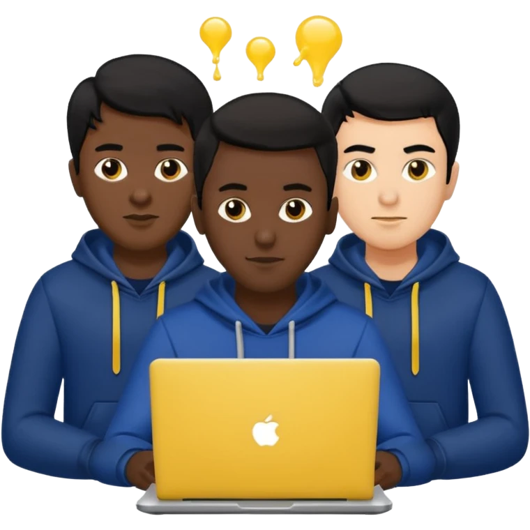 technologist using laptop coding with 2 other technologist color yellow three of it is man  that using 3 laptop the hair is black and the cloth is dark blue emoji