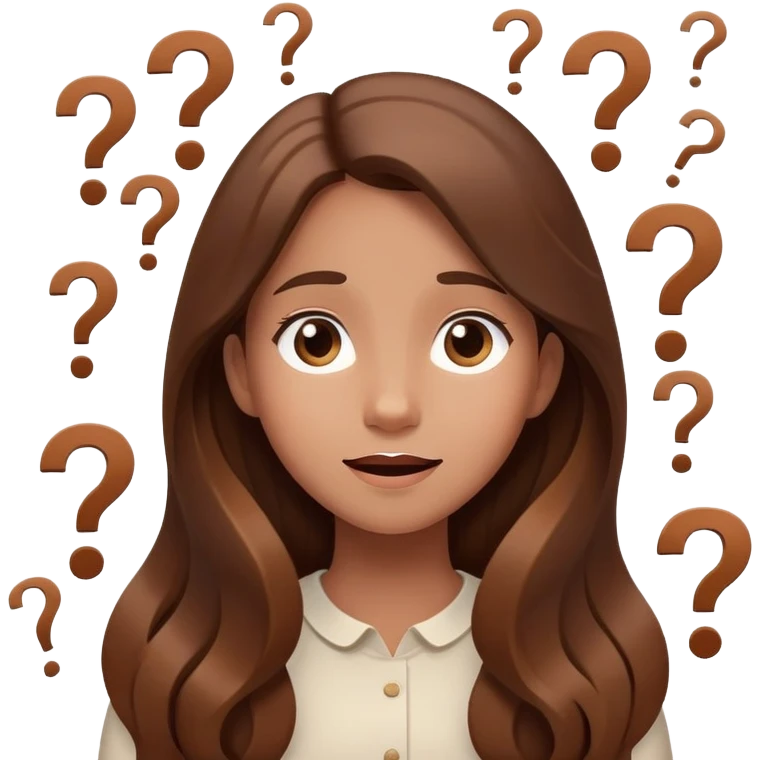 Happy Confused girl with long brown hair surrounded by floating question marks elegant cute  emoji