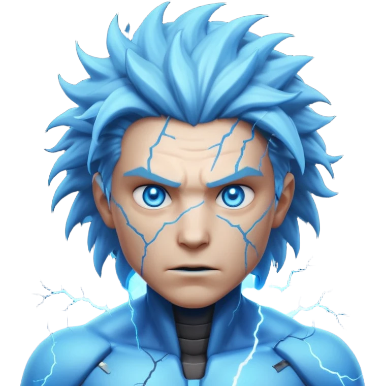 electric lab mutant portrait, head and shoulders only, glowing blue energy cracks on skin, wild hair, intense eyes, sci-fi lab accident vibe, 3D cartoon, mobile game icon style, clean background, no text, no watermark

 emoji