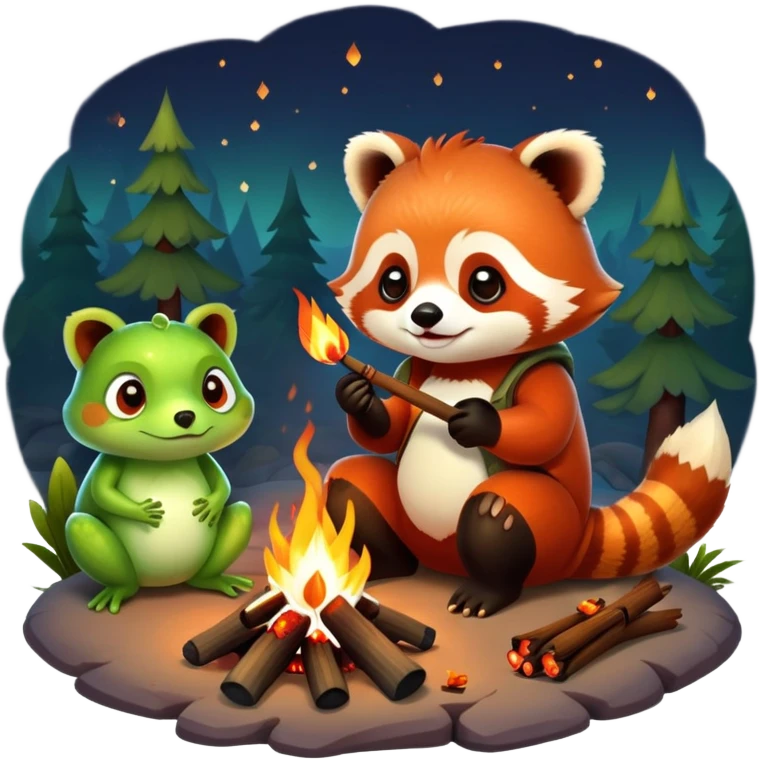 Red panda and frog at a campfire  emoji