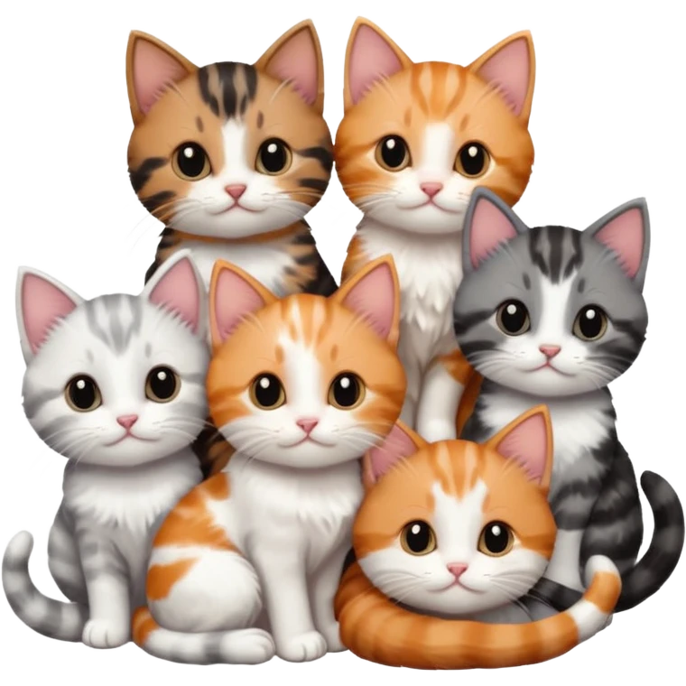 6 tiny kittens cuddling together all different colours, the first one is grey and white, the second is ginger and white and the third is brown tabby and white emoji
