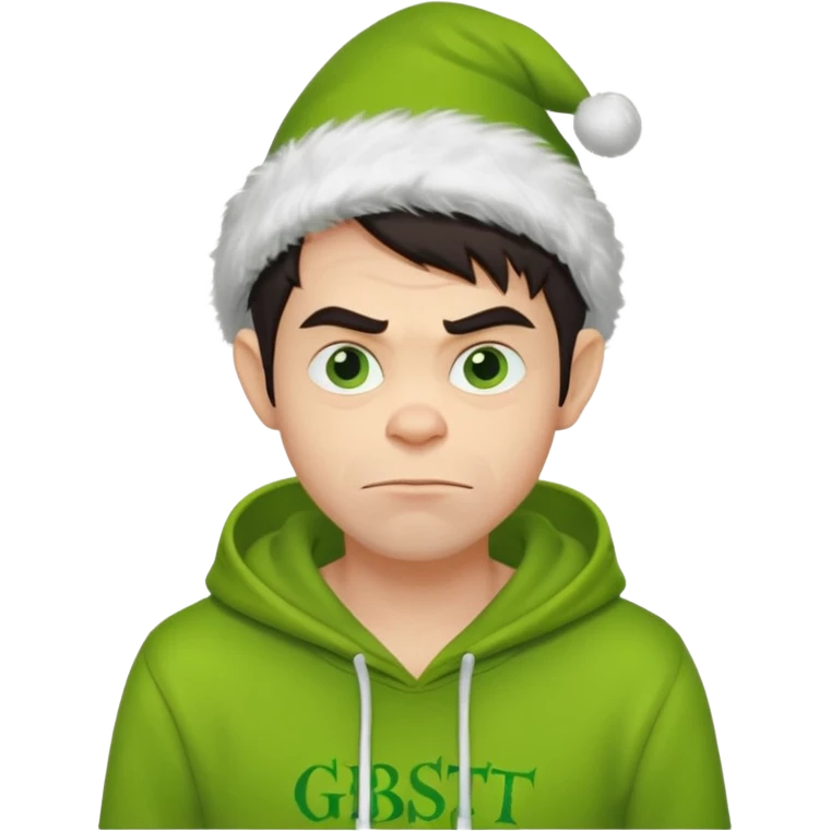 Create an avatar of white European with dark hair  male in hoodie with ``BST`` letters on it. Make background to look like from movie Grinch emoji