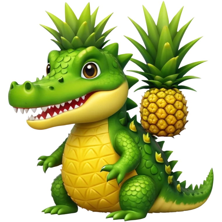 A cute crocodile with a pineapple body, the crocodile head is green with teeth and the body is a yellow pineapple with spiky texture emoji