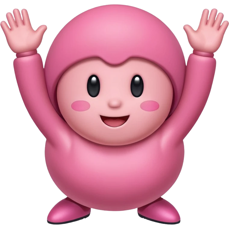 Kirby doing a happy dance, simple round pink character, cheerful expression, arms up emoji