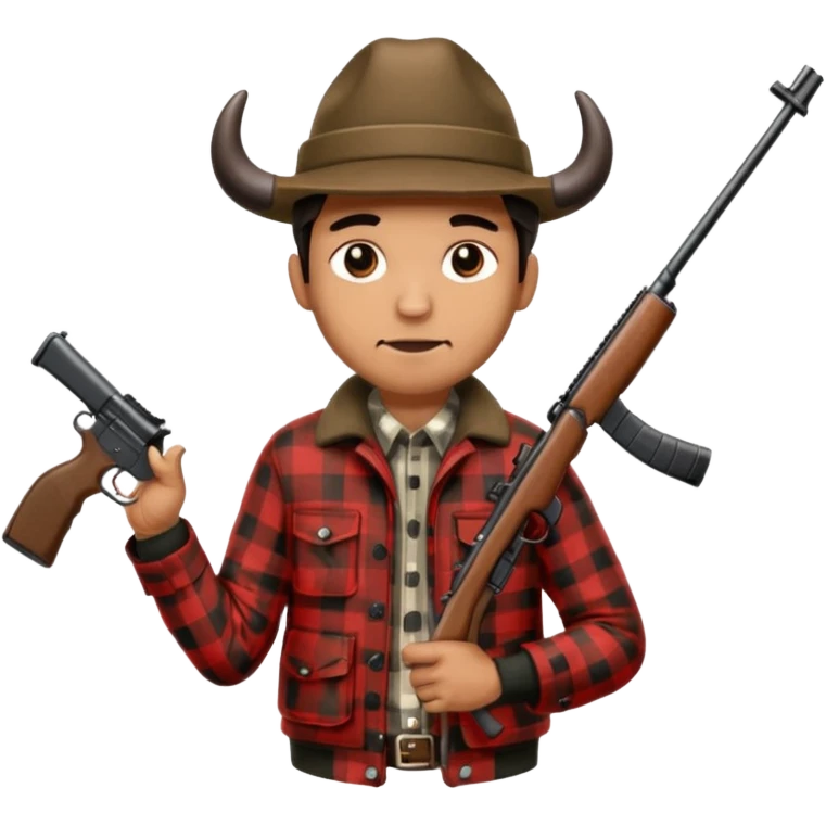 Man wearing buffalo plaid jacket with plaid hat, holding rifle emoji