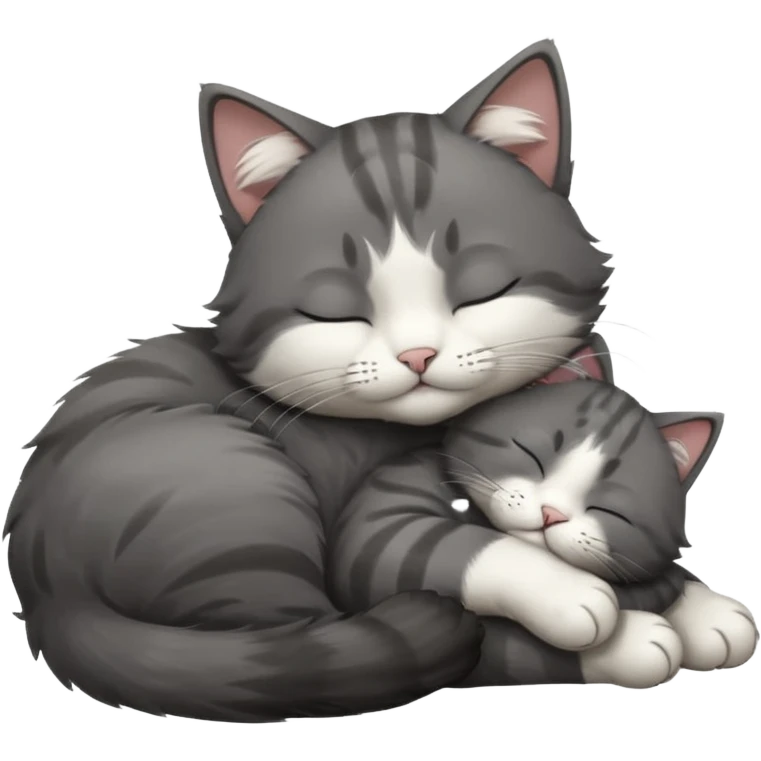 dark grey and white small cat with closed eyes, leaning his head on his paw while leaning on his elbow lying down emoji