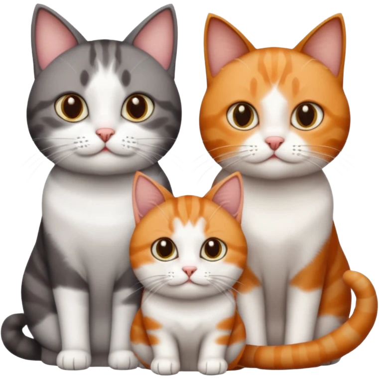 3 different coloured short haired cats including; a dark brown tabby and white cat, and a dark grey and white and a ginger and white emoji