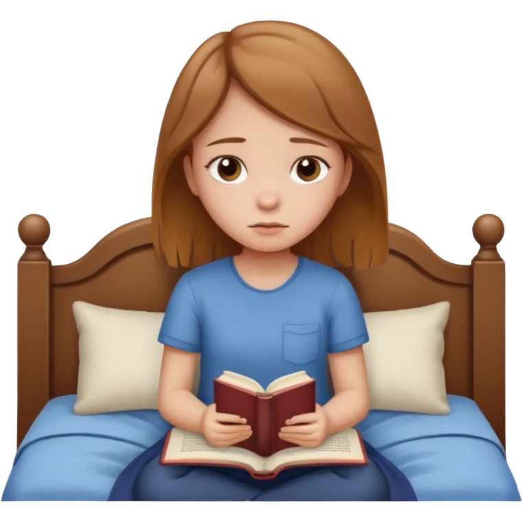 Девушка со светлыми русыми волосами сидит на кровати грустная с книжкой emoji