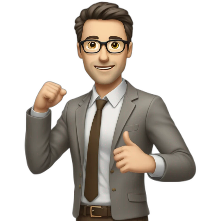 Full height Actively gesturing with hands Pale skinned fit man with dark brown hair in gray jacket, beige office shirt, brown tie, brown pants and vintage glasses. emoji