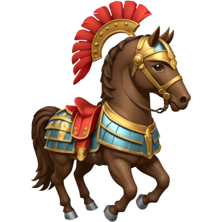 An emoji of a powerful Roman warhorse in full armor, with a feathered helmet. emoji