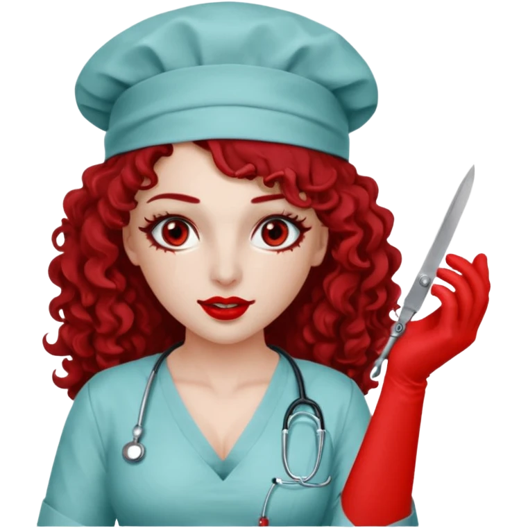 Lilith scalpel in hand, evil surgeon sexy surgeon clothes.  She has red eyes. She has dark brown long curly hair. Wears sexy doctor outfit with red gloves. Covers mouth neck and nose with red litham only covering under her nose to hide her identity emoji