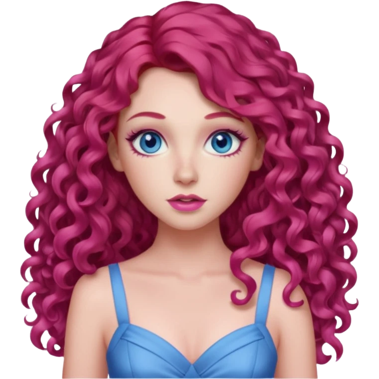 Chappell Roan long red curly hair, blue eyes, pink eyeshadow and lip, pink dress emoji