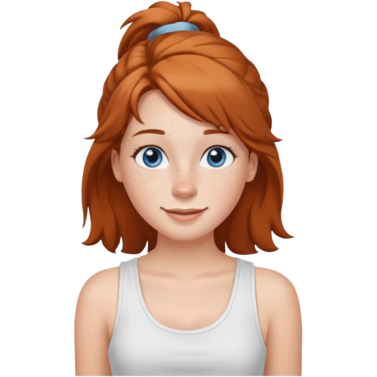 Una chica de tez blanca con pecas, nariz respingada, labios gruesos, ojos grandes color azul grisáceo, pelo largo, lacio, color avellana. Con una blusa de tirantes blanca. Que este sonriendo y q solo se vea de la cintura hacía arriba emoji
