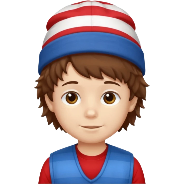 brown fluffy hair kid with blue and white hat dark blue jilet red t shirt emoji