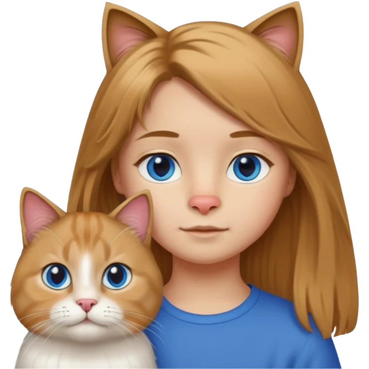 11-year-old child with hazel hair, black eyes, slide-shaped nose, standing next to a Scottish longhair cat with blue eyes, apple emoji style emoji