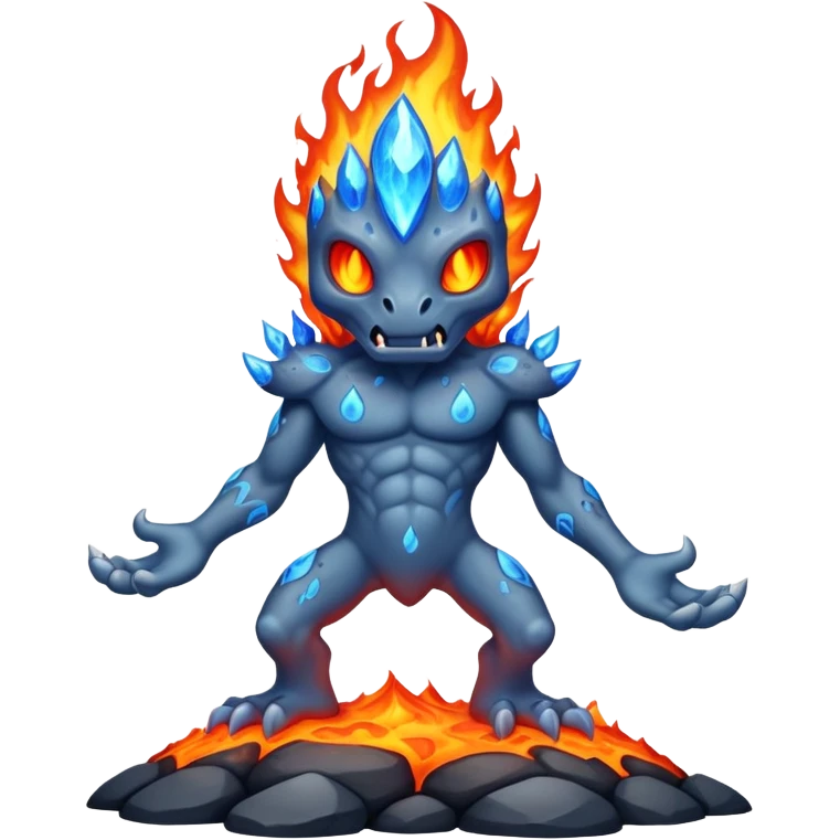 a mystical fast lava creature without arms with molten lava on its head and some rocky shoulders, fire crystals, blue flames, fire legs, no background emoji