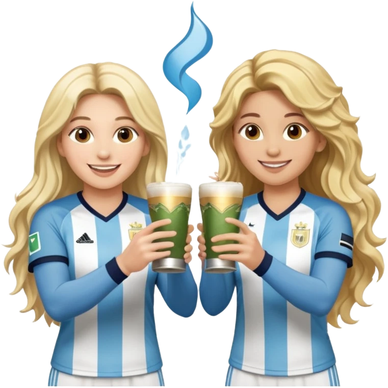 Lionel Messi in Argentina jersey and Shakira in stage clothes, smiling at each other, each holding a traditional yerba mate cup, making a cheerful toast, Shakira with long wavy blonde hair, emoji style, cute and fun, with sparkles emoji