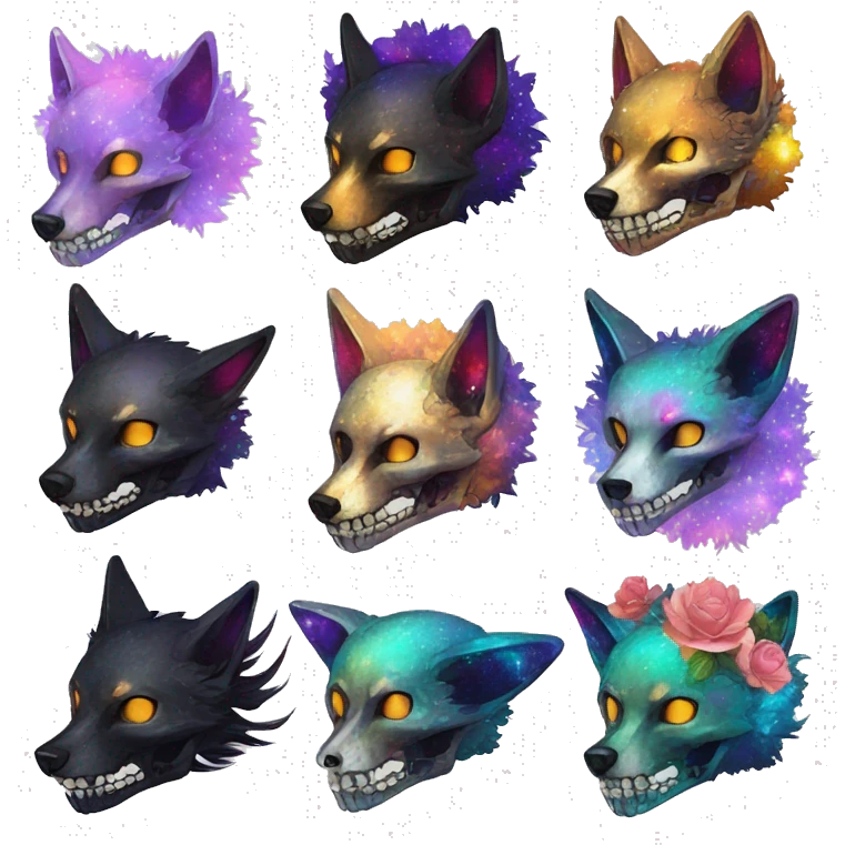 Black iridescent fluffy dog fox head skull zombie skull skeleton skull gold mechanical steampunk raven wings nebula galaxy stars colorful flowers fairy lights vintage emoji