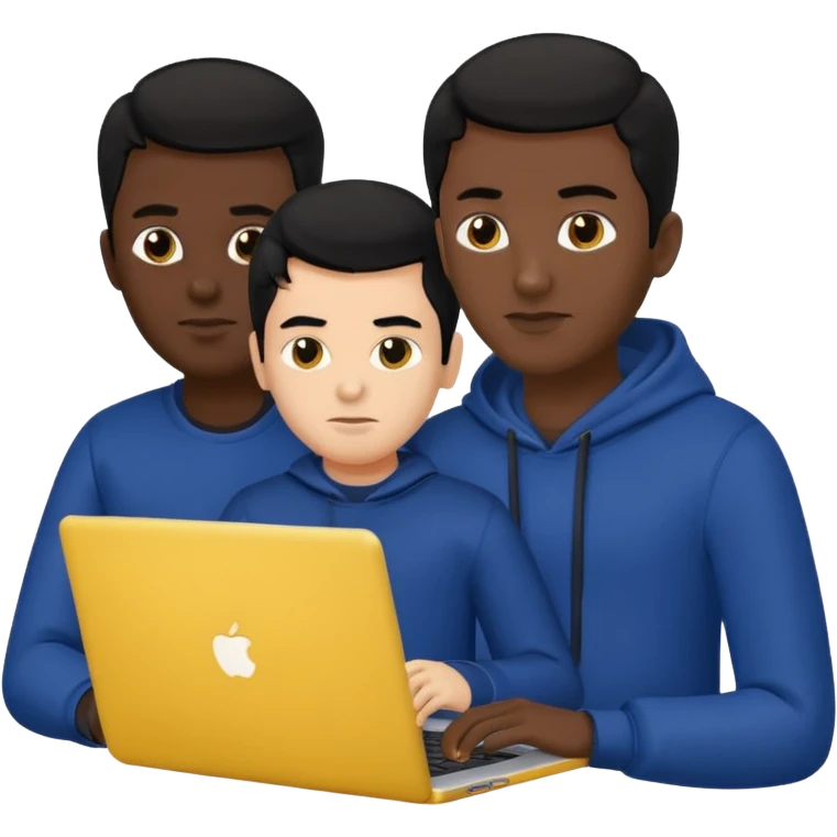 technologist using laptop coding with 2 other technologist color yellow three of it is man  that using 3 laptop the hair is black and the cloth is dark blue emoji