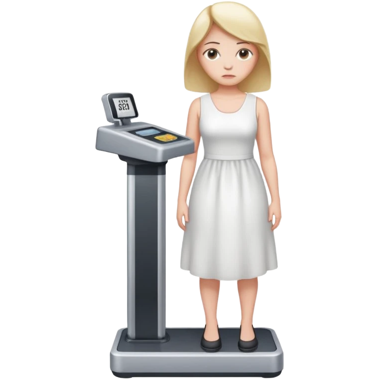 women is standing on weight check machine and she is sad because his weight is not ganaing showing weight also emoji