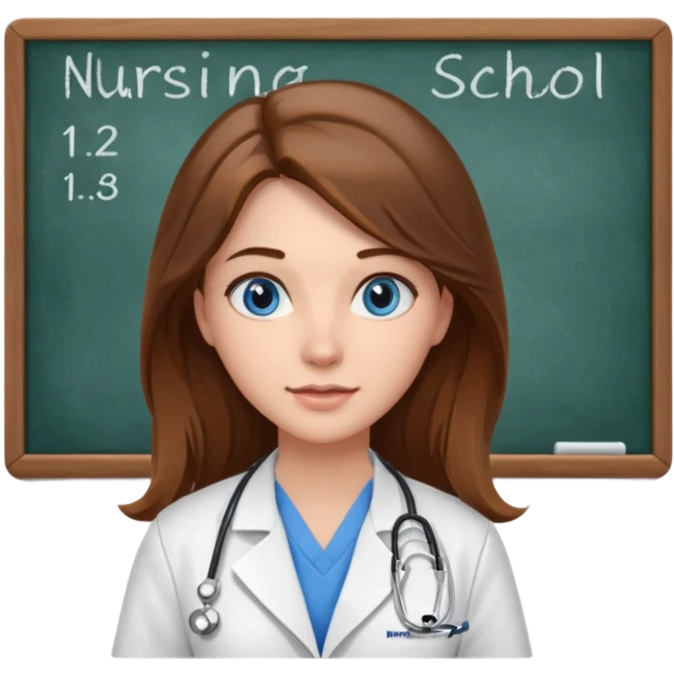 inside a classroom at university that says nursing school on the board with a pretty female nursing student with long brown hair, blue eyes emoji