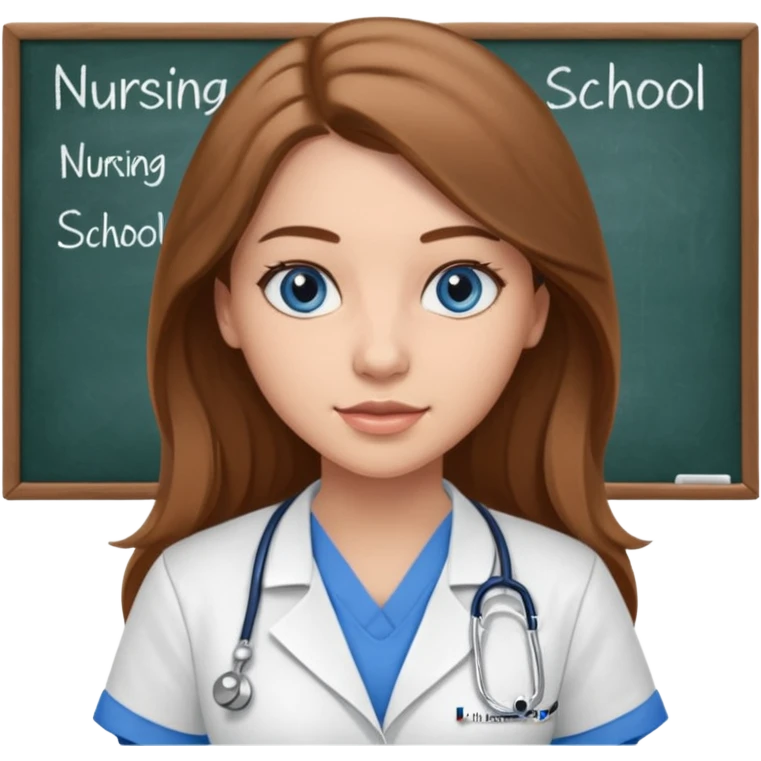 inside a classroom at university that says nursing school on the board with a pretty female nursing student with long brown hair, blue eyes emoji
