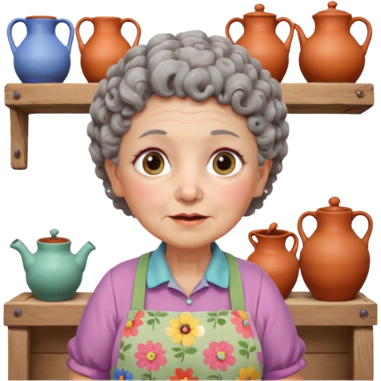 cartoon Apple iOS emoji style rural elderly woman, chubby face, short gray curly hair, flowery blouse, colorful apron, big expressive eyes, pastel colors, Chilean wooden kitchen background, clay pots, warm light, detailed and clean vector art emoji