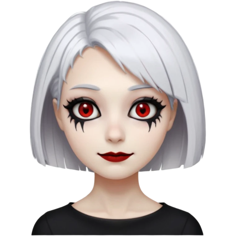 Afemale, unnatural eye color with veiny eyes, sickly skin texture combined with an unnatural creepy smile, liminal setting that feels wrong, uncanny eerie art style, scary femme fatale, bob cut, mole under eye, white hair, red iris, black mascara, black eyeshadow, Gothic white skin, emoji