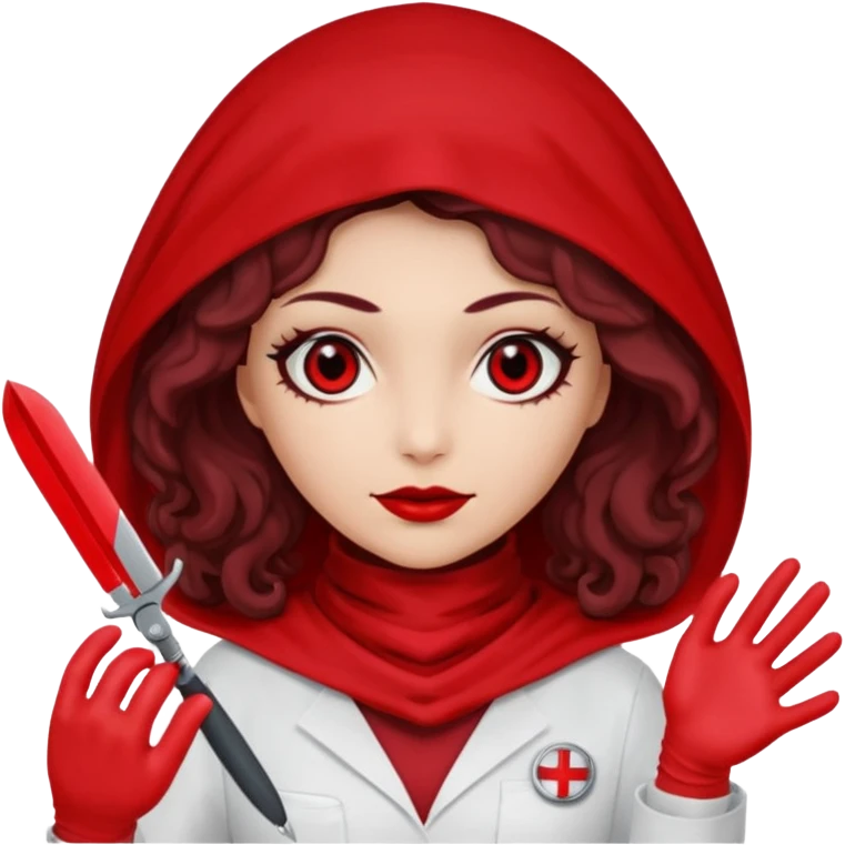 Lilith scalpel in hand, evil surgeon outfit.  She has red eyes. She has dark brown curly hair. Hair is long . Wears sexy doctor outfit with red gloves. Clears, mouth with Muslim red burka emoji
