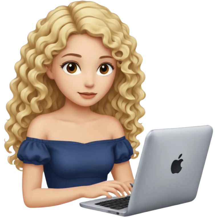 woman with long curly blond hair, brown eyes, wearing an off-shoulder top, on computer  emoji