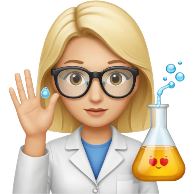 Eine hellblonde Chemikerin mit Kittel, großer Labor-Sicherheitsbrille und typischem Erlmeyerkolben in der Hand emoji
