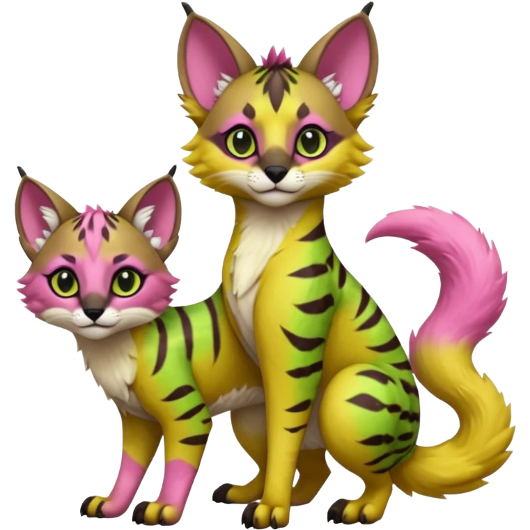 Cute kawaii cool edgy badass  vivid tropical mango-lime-pink splash-patterned silky fur fantasy-caracal-civet-genet-sergal-vernid-Gryphon-Cacomistle-Trico-oncilla-animal-Fakémon-hybrid-fursona (full body), facial markings, (realism style) emoji
