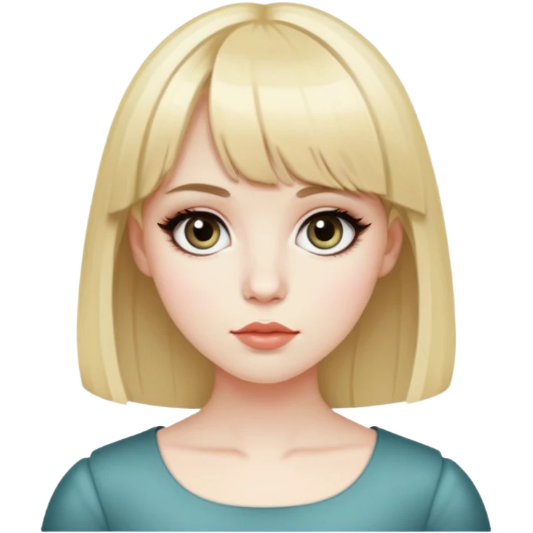 Pele pálida, rosto redondo, cabelo médio escuro, com duas mechas loiras, franja, olhos grandes, estilo fofo e coquette emoji
