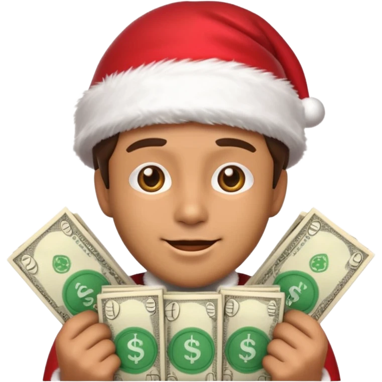 A confident rich emoji face wearing a Santa hat, money stacks, casino vibe, New Year theme, premium 3D emoji style, sharp details, no text, isolated on transparent background emoji