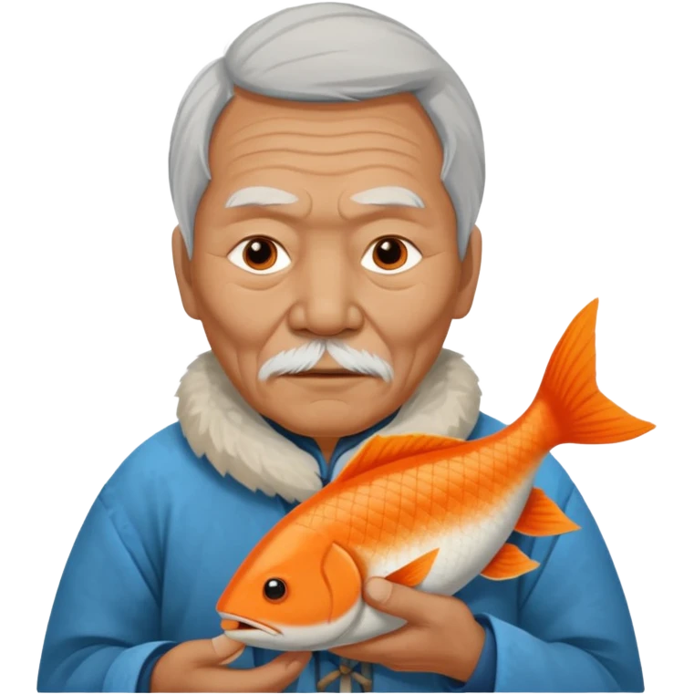 old inuit man with traditional inuit clothes and orange fish emoji