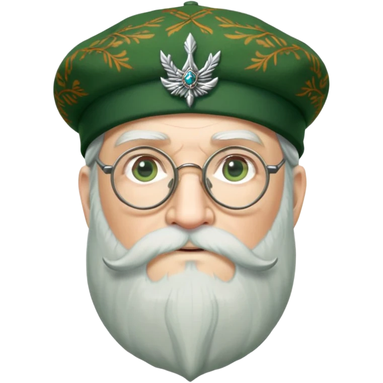 Dumbledore wear green scotland Tam o'shanter cap with decorative patterns, wear glasses, very long beard emoji