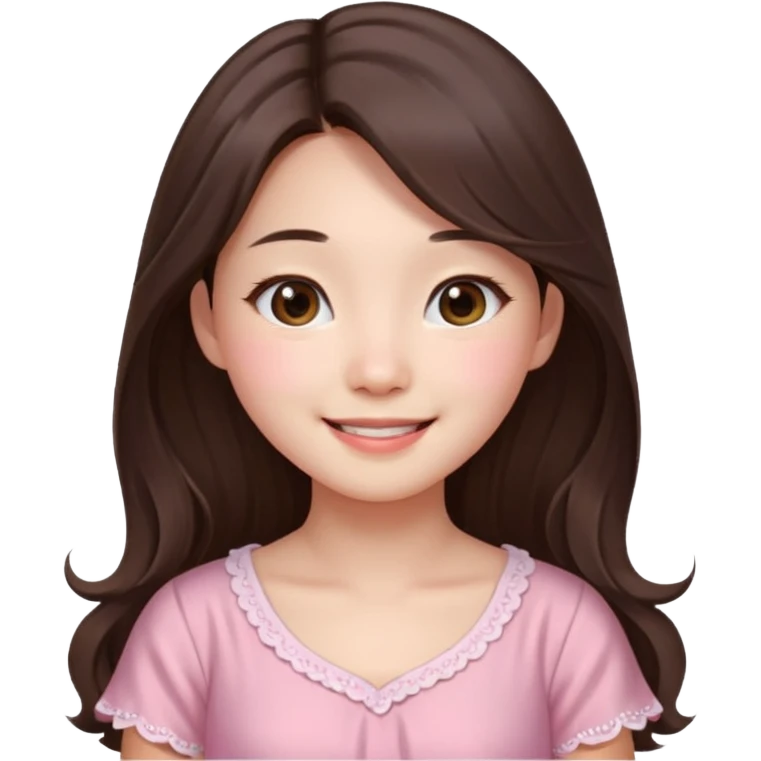 Korean girl in blue and white long haired brunette girl in light prink dresses smiling emoji