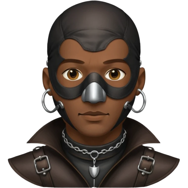 Dark guy wearing leather. Leather mask and heavy steel collar. Also bald wit a little stubble. Nose and ears pierced emoji