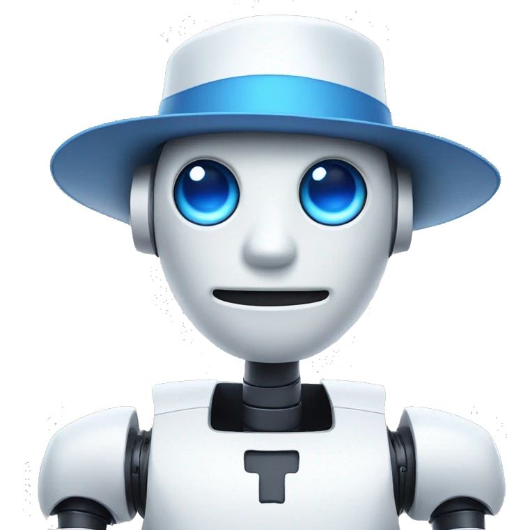 white robot with blue eyes and a hat on emoji