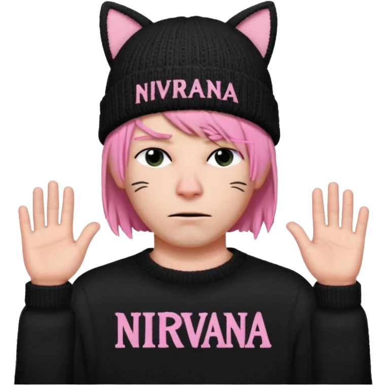 A man with a Knitted hat with black cat ears, black sweater with white lettering in the center that says "Nirvana", pink bob cut and frown with a cold look  emoji