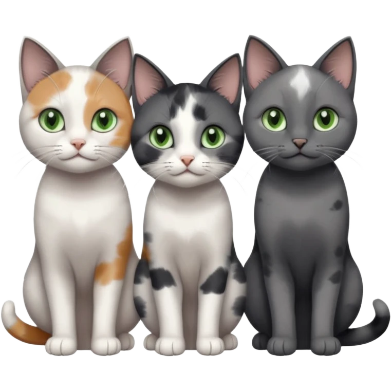 3 different coloured small cats including a dark grey and white, and a patchy calico and a completely solid dark grey with green eyes and only white paws emoji