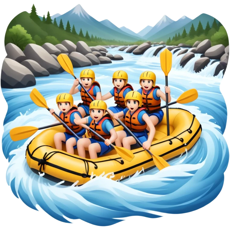 A group of adventurers paddling a raft through wild, fast-moving river rapids. The scene includes splashing water, rugged rocks, and intense action, emphasizing the excitement and teamwork of rafting in challenging conditions. emoji